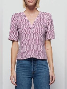 Nation LTD Jolene Purple White Wavy Stripe Short Sleeve V-Neck Blouse NWT